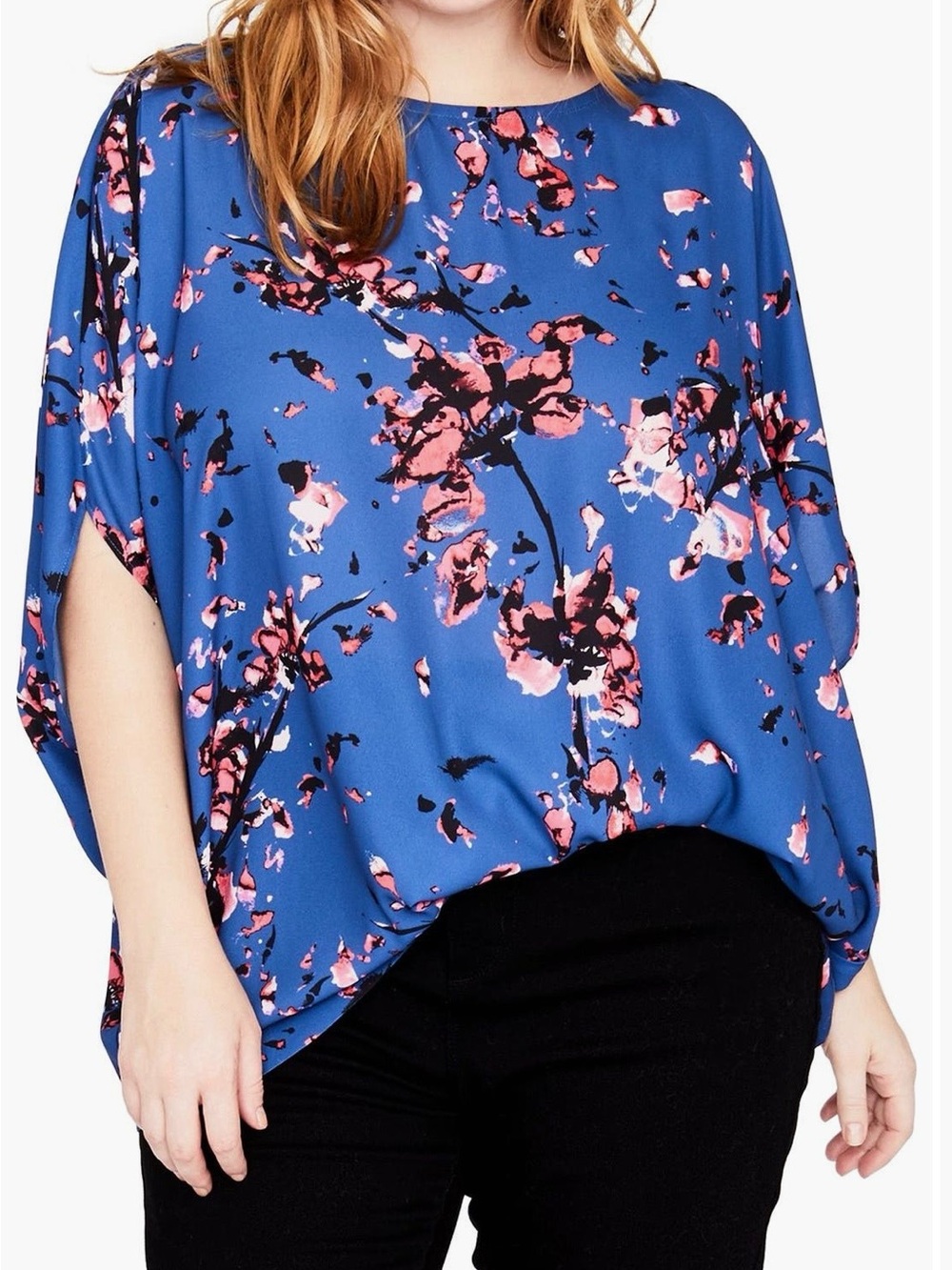 RACHEL Rachel Roy Blue Floral Dolman Easy Cape Top Blouse 1X